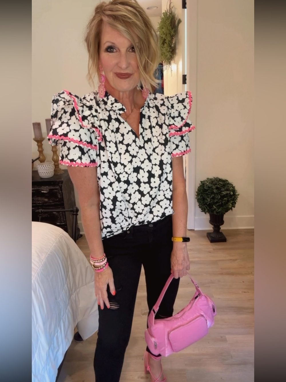 Black & White Floral Puff Sleeve Blouse with Pink Trim - Picture 5 of 10
